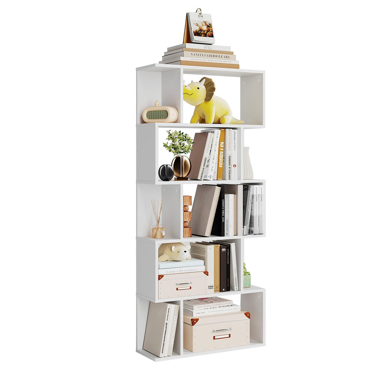 5-Tier Geometric Bookshelf, 5-Tier S-Shaped Tall Display Shelf, Freestanding Storage Shelf with Anti-Tipping Device, for Home, Office, Living Room, Bedroom, White