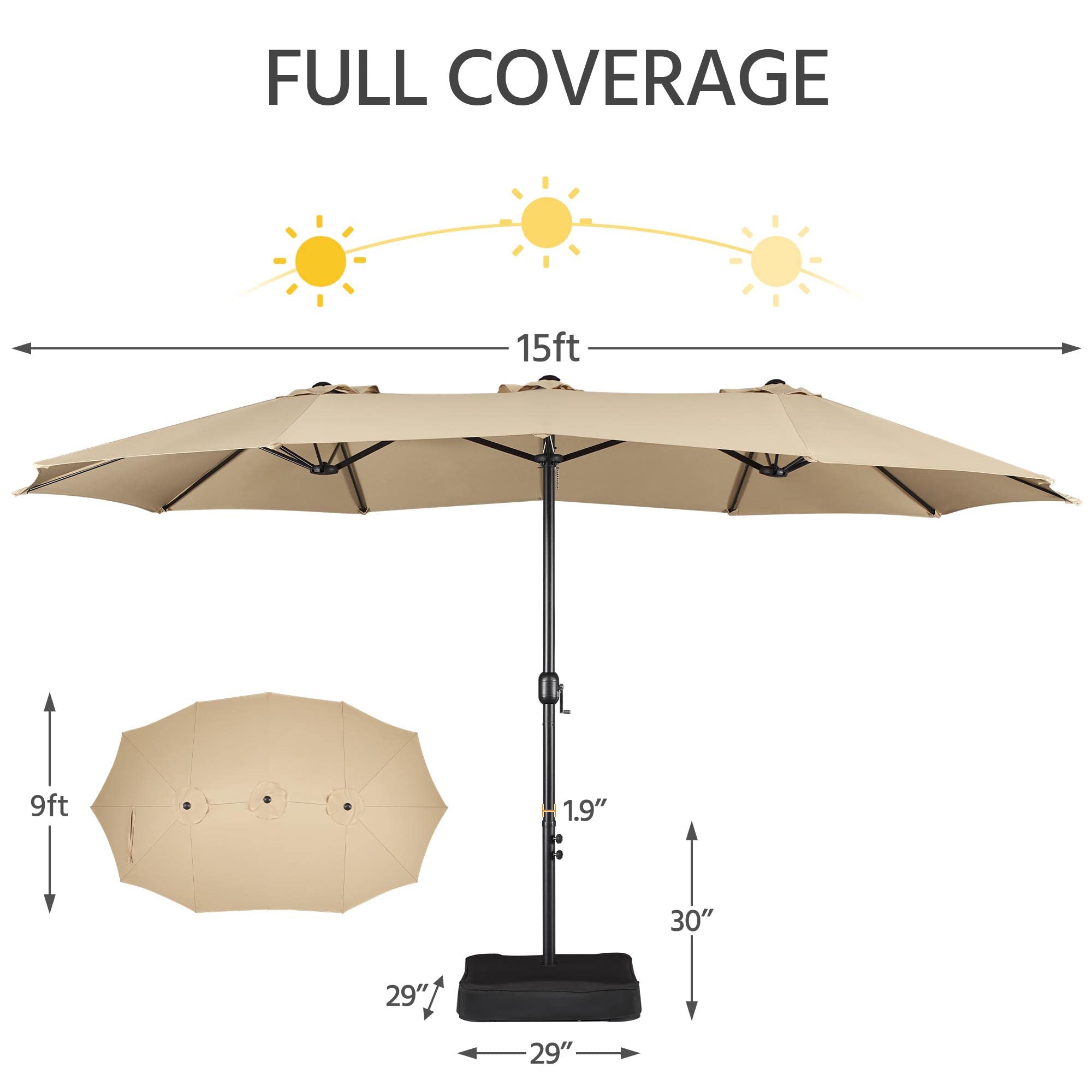 15 ft Triple-size Patio Umbrella w/Base Includedatio Parasol w/Easy Crank &