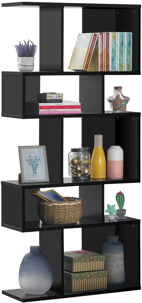 5-Tier Geometric Bookshelf Black, 70" Tall Wood Freestanding Decorative Display Open Shelves