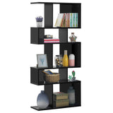 5-Tier Geometric Bookshelf Black, 70" Tall Wood Freestanding Decorative Display Open Shelves