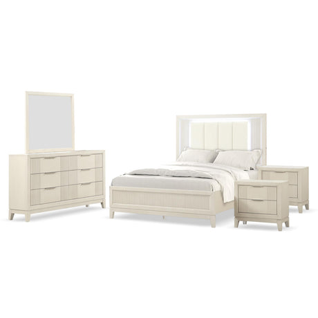 Oberlin Transitional Solid Wood 5-Piece Bedroom Set Queen-Size Bed with LED & Padded Fabric Headboard and Vertical Channel Tufting, Box Spring Required, Antique White