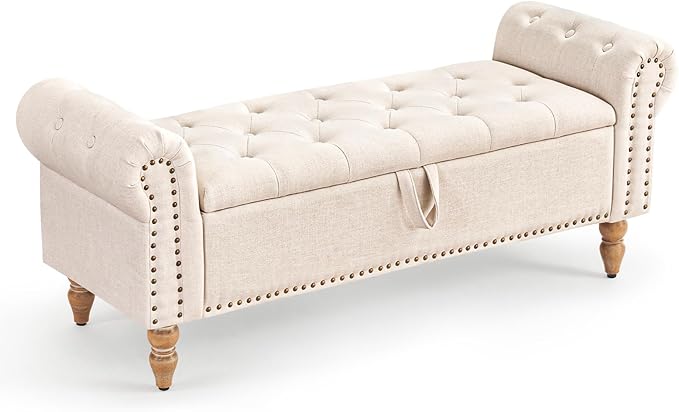 51” Storage Bench, End of Bed Bench with Button-Tufted Large Upholstered Storage Ottoman Linen Window Bench with Storage Shoe Cabinet Bench, for Bedroom, Entryway, Closet, Beige