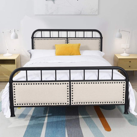 Metal Bed Frame, Full Size Bed Platform with Comfortable Upholstered Headboard