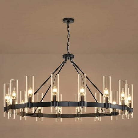 36 Inch Black Wagon Wheel Chandelier with Glass Shade