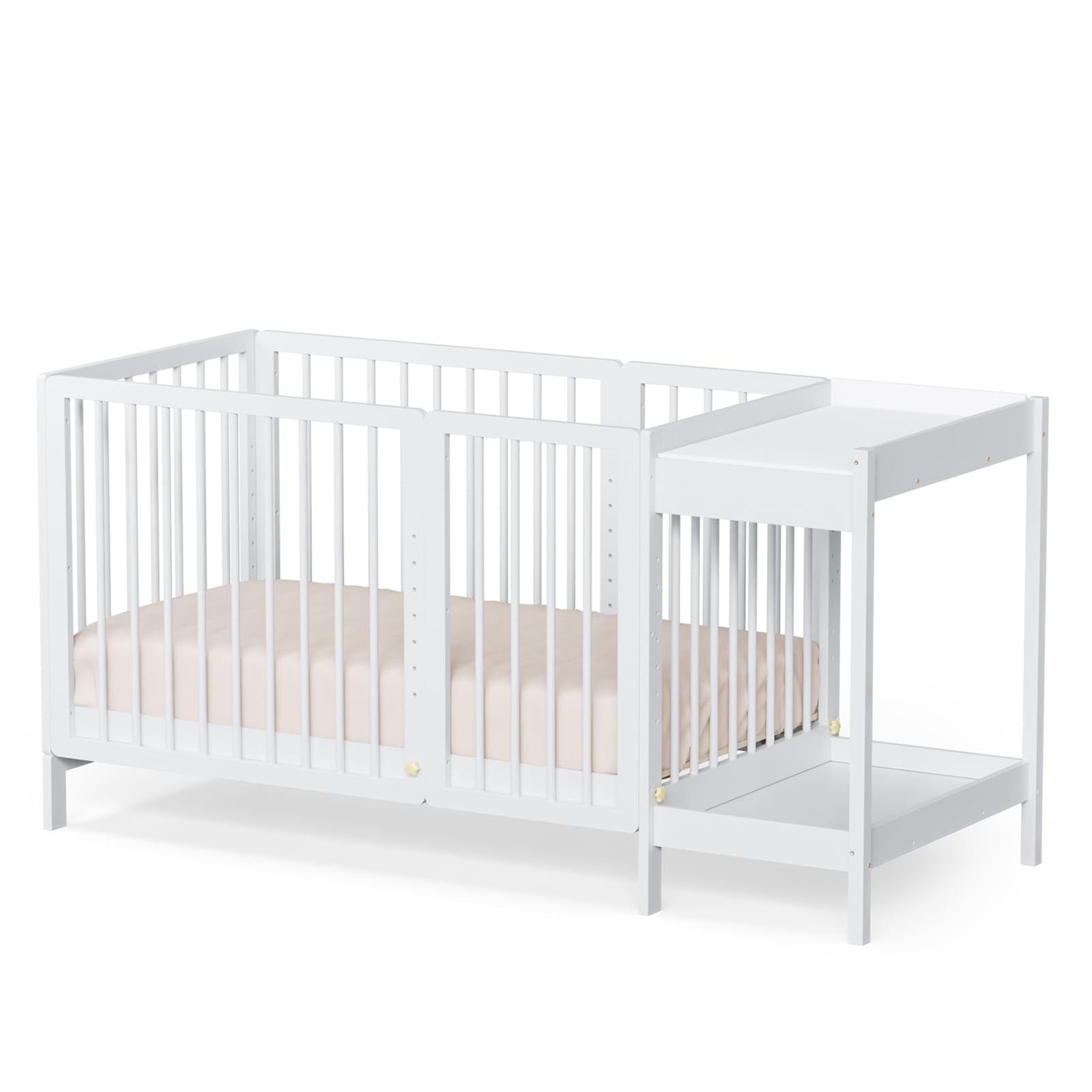 Crib with Changing Table and Pad, 8 in 1 Convertible Crib with Changer, Include 2” Mattress, Converts to Bassinet, Mid Crib, Full Size Crib, Daybed,Toddler Bed and Playard (White)