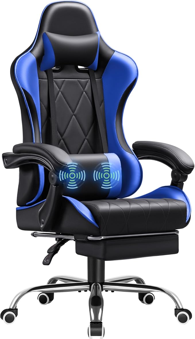 Gaming Chair, Computer Chair with Footrest and Massage Lumbar Support, Swivel Seat