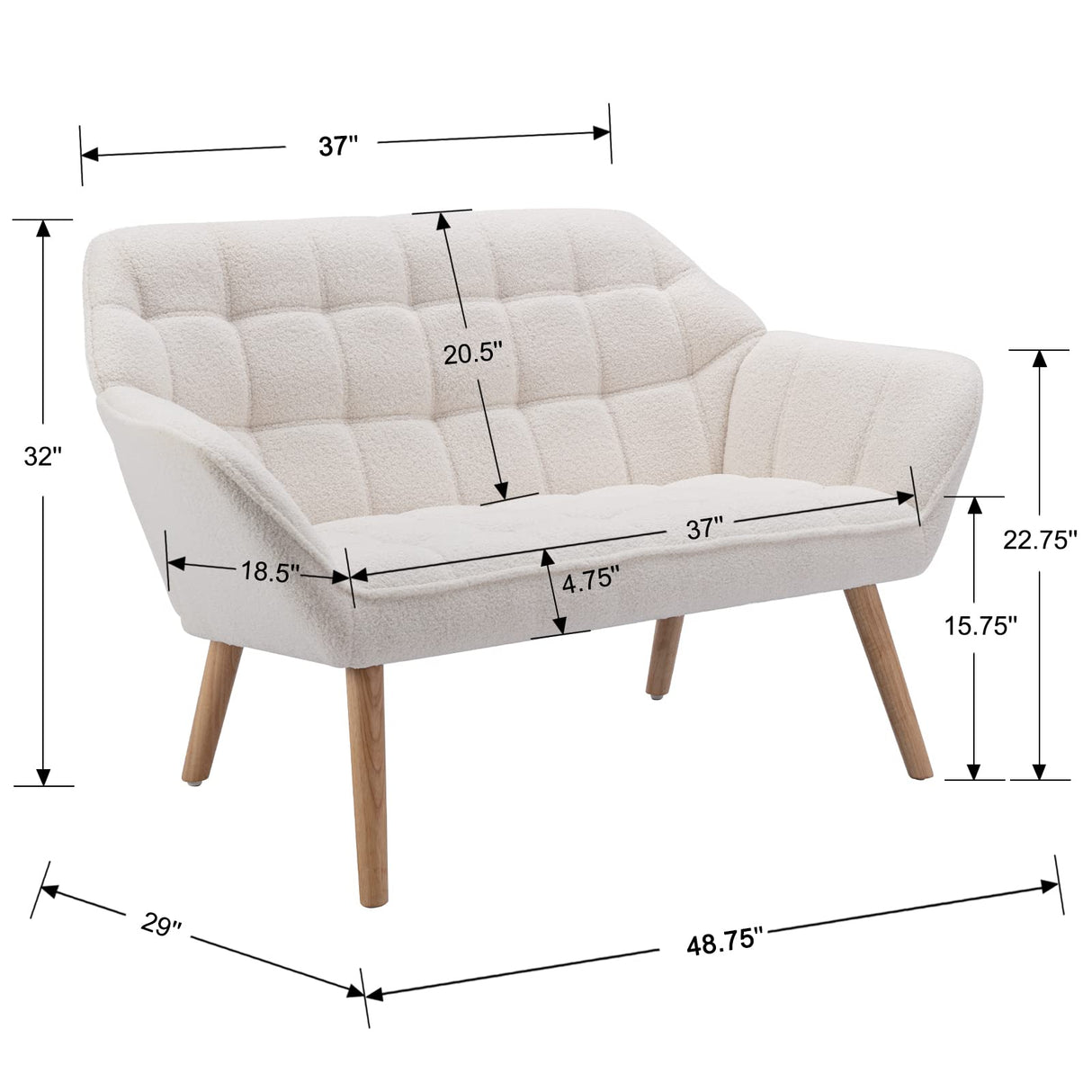 48" Small Loveseat for Small Spaces, Upholstered Fluffy White Loveseat Sofa,