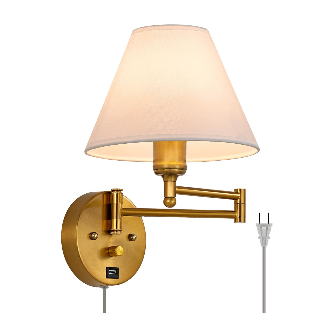 Swing Arm Wall Sconces, Plug-in Wall lamp,Bedroom Wall lamp ， White Fabric Shade