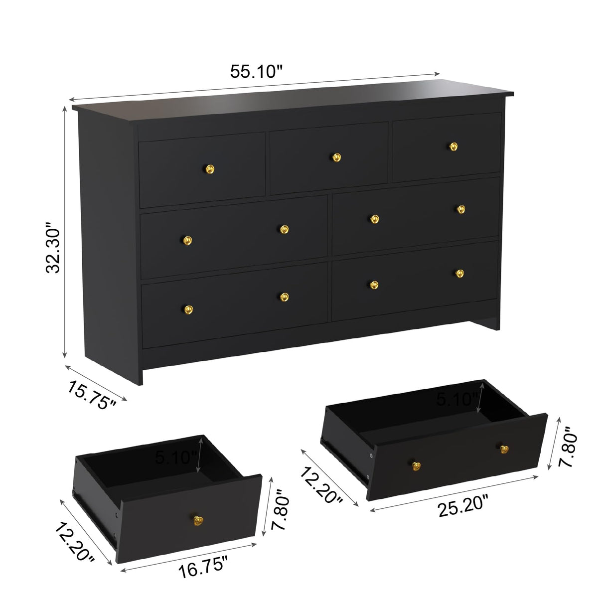 Black Dresser for Bedroom, 7 Drawer Dresser with Wide Drawer and Metal Handles