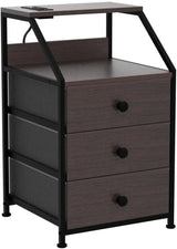 Nightstand Set of 2, Brown Night Stands with Charging Station, Bedside Tables