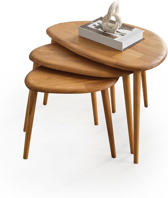 Solid Wood Nesting Coffee Table Set of 3 - Mid Century Modern Pebble Tables