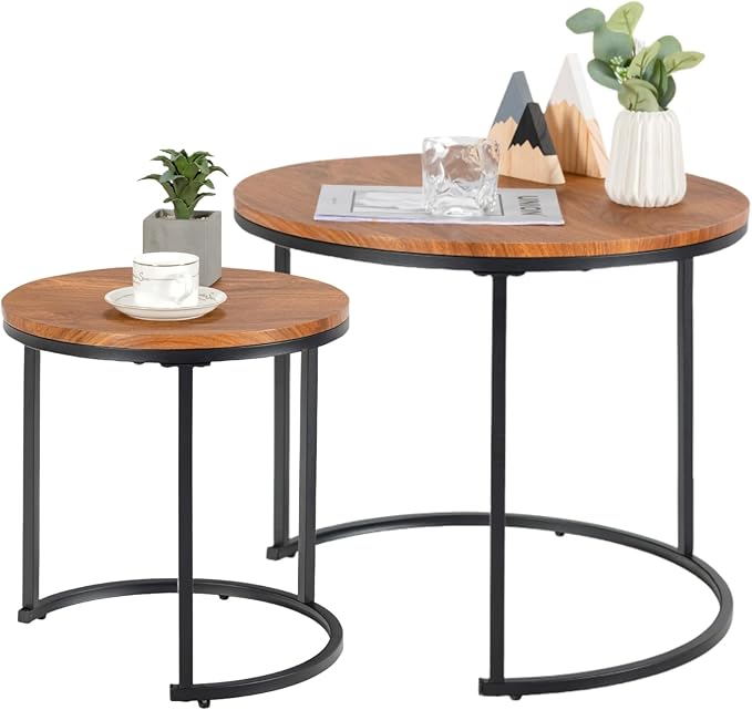 Nesting Coffee Table, 24”Round Coffee Table, Industrial Side Table w/Wood Tabletop