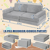 Modular Kids Play Couch Convertible Building Fort Sofa and Cushion 10Pcs Child DIY Floor Sofa for Sleeping Playroom Bedroom for Boys and Girls (Light Gray)