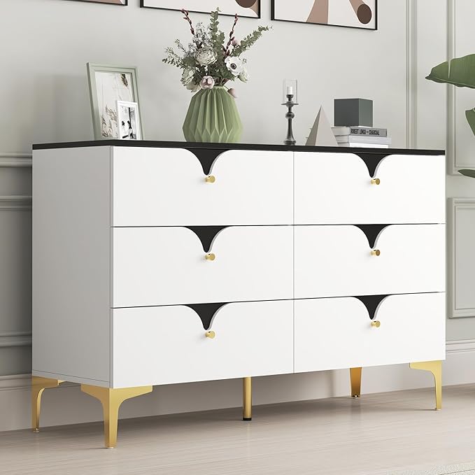 White 6 Drawer Dresser for Bedroom, Modern Double Chest Dresser with Black Metal Legs Featuring Distinctive Twill and Hidden Pulls, Storage Dresser for Living Room, Hallway, Entryway