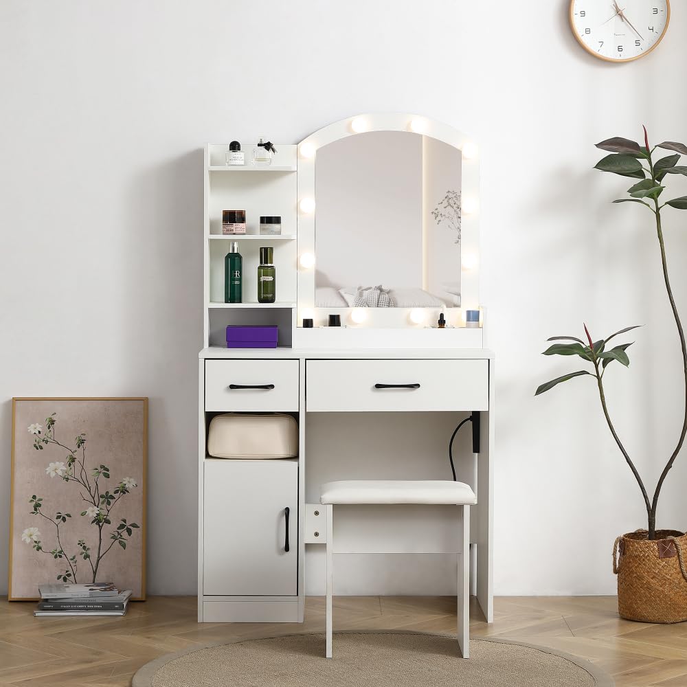 Thirtdos Vanity Desk Set Including Table with Large Lighted Mirror,3 Color Lighting Modes Adjustable Brightness, Dressing Table with 2 Drawers, Storage Cabinet and upholstered Stool, White