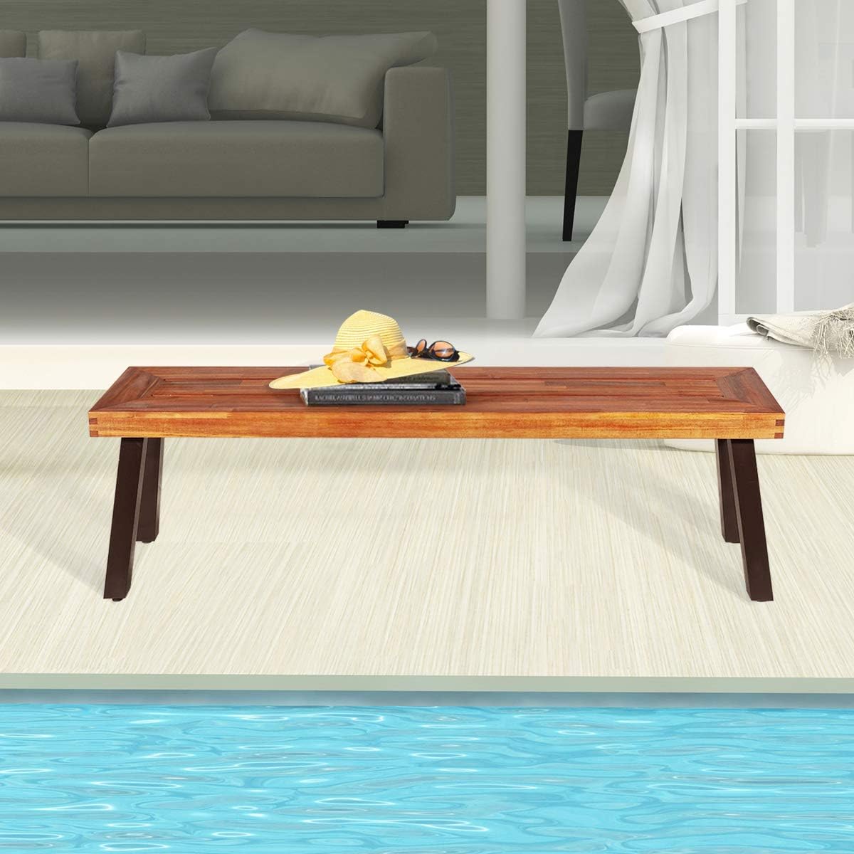 Set of 2 Outdoor Bench, Acacia Wood Patio Seating, Dining Benches