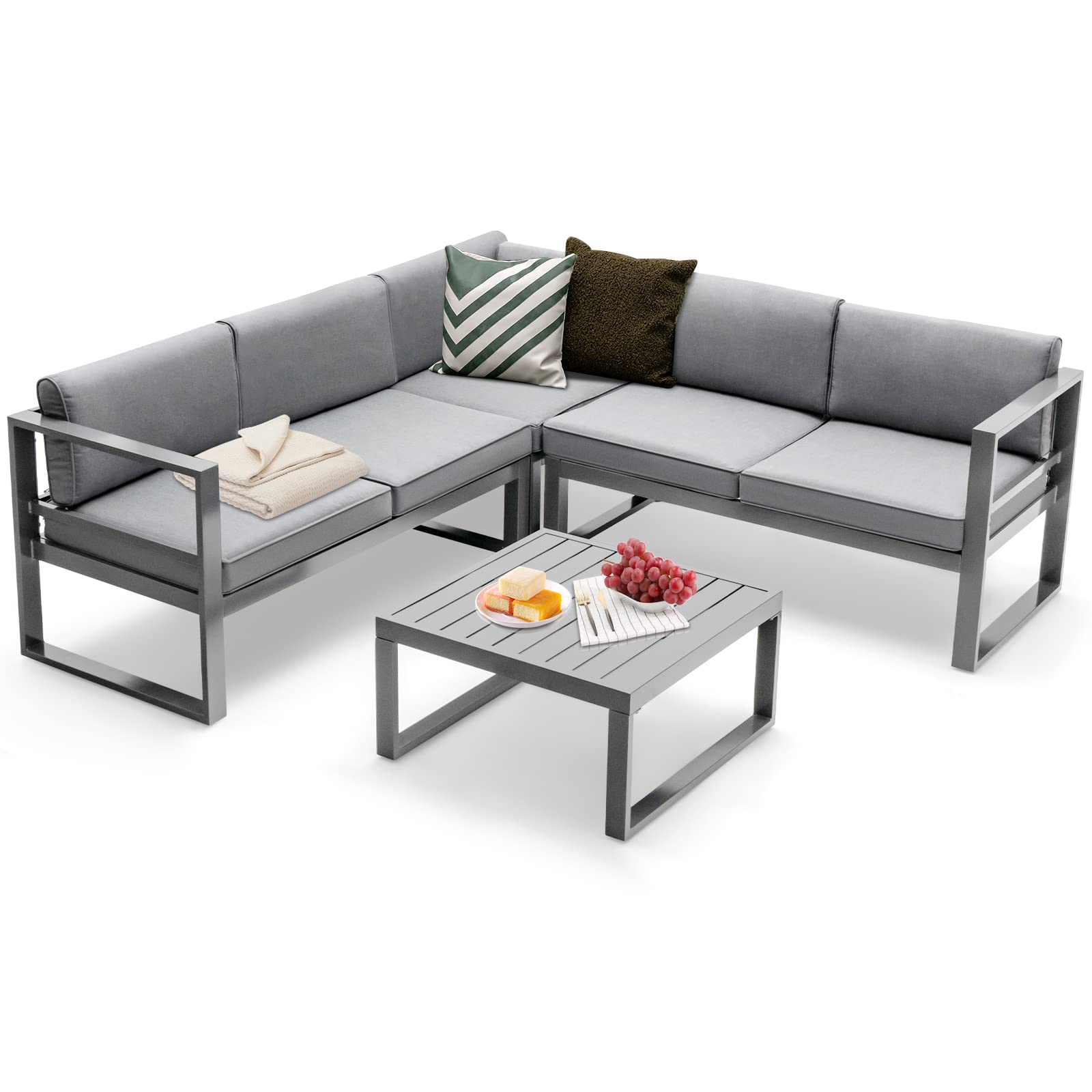 4 Pieces Aluminum Patio Furniture Set, Patiojoy All Weather Heavy Duty Cushioned Outdoor L Shaped Sofa Set