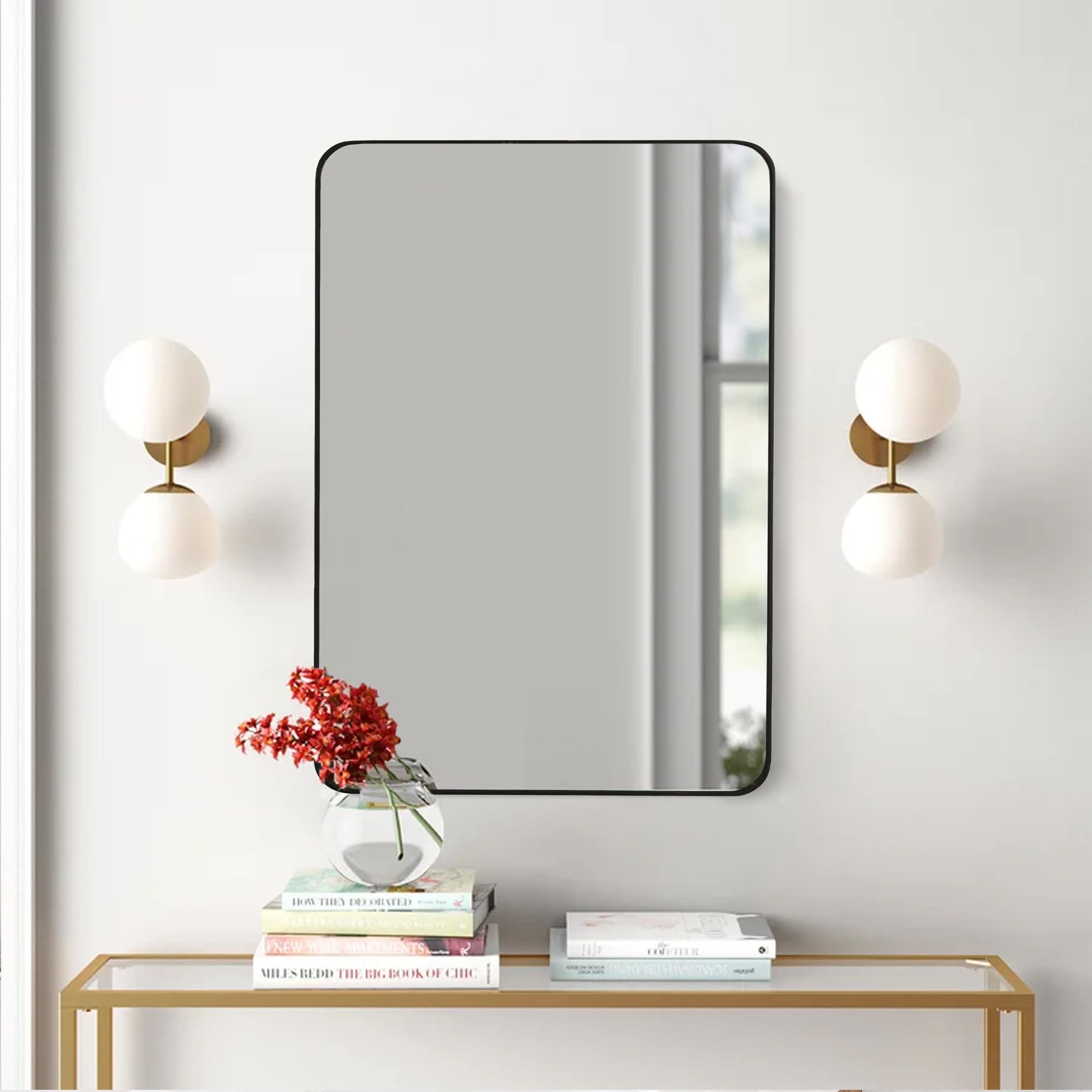 Black Framed Mirror for Bathroom, Rounded Rectangle Mirrors