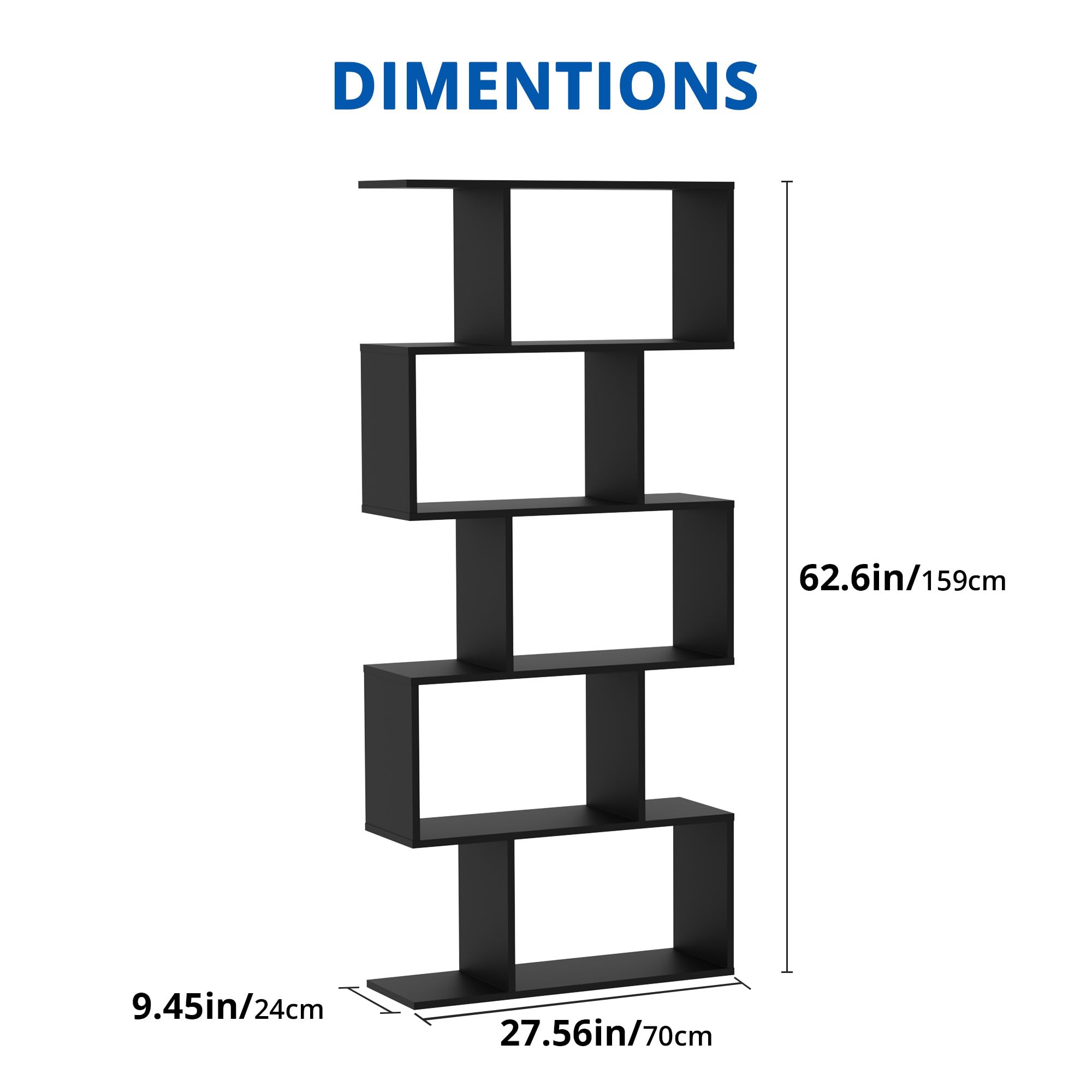 Castle Set of 2 Geometric Bookcase, S-Shaped Modern Bookshelf, Room Divider Bookshelf, 62" Tall Unique Abstract Bookcase with 5-Tier Display Shelf for Living Room Office, Black
