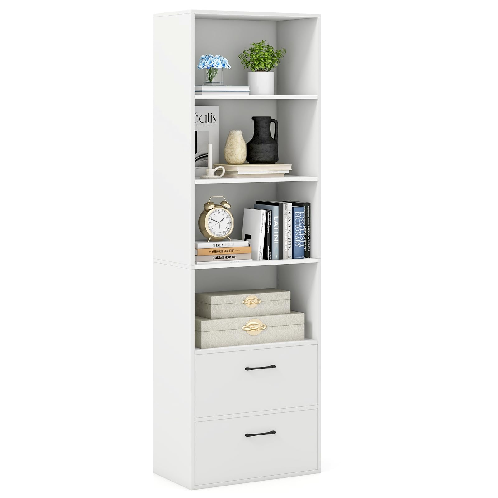 Bookcase with Drawers, Tall Bookshelves and Bookcases, Vertical Bookshelf Tower, Wood