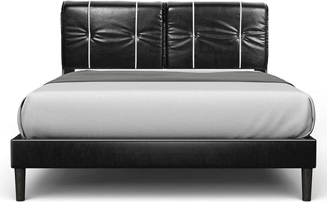 Queen Size Bed Frame Upholstered Low Profile Modern Platform Bed with Faux Leather Headboard/No Box Spring Needed/No Bed Skirt Needed (White)