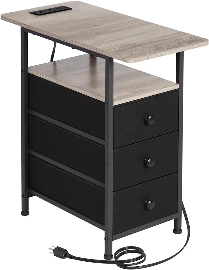 Narrow Side Table with Charging Station, Slim End Table