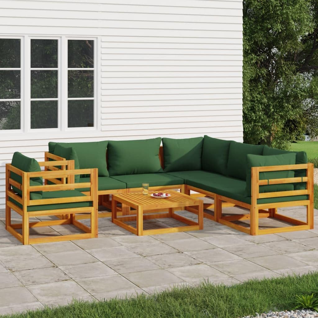 VRAXO 7 Piece Patio Lounge Set with Green Cushions Solid Wood,Outdoor Furniture Sets-198.44lbs-101