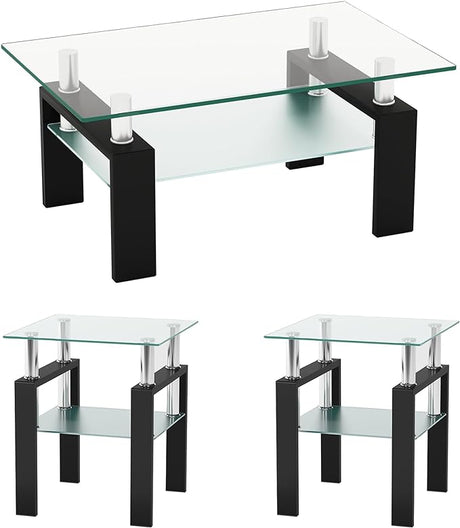 Modern Tempered Glass Coffee Table Set - 3 Piece Living Room Table Set - Sleek Design