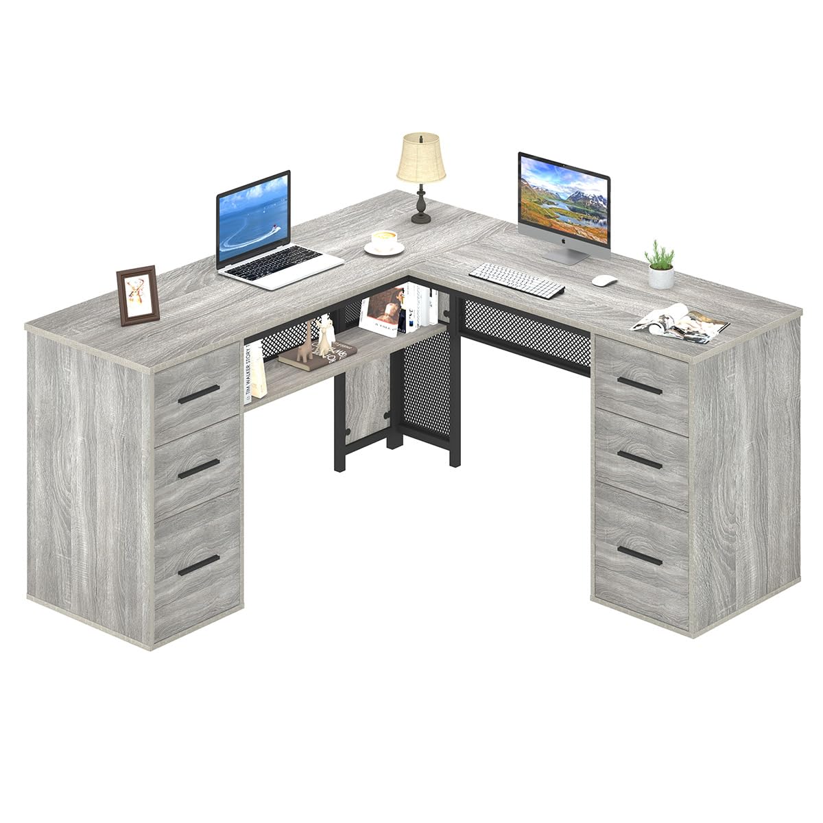 Large L Shaped Desk with Storage File Cabinet，Corner L-Shaped Computer Desk