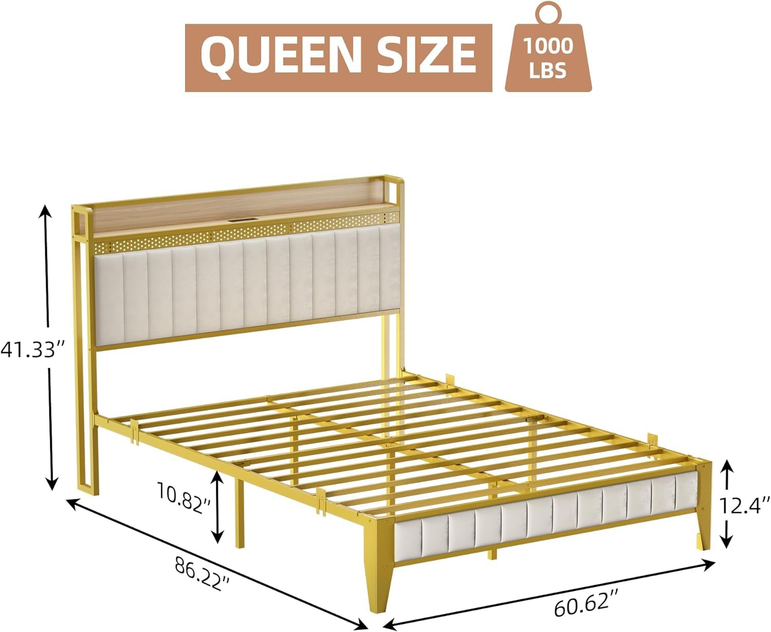 IDEALHOUSE Queen Bed Frame with Charging Station, LED Bed Frame with Storage Headboard, Upholstered Platform Bed Frame, No Box Spring Needed, Easy Assembly, White＆Gold
