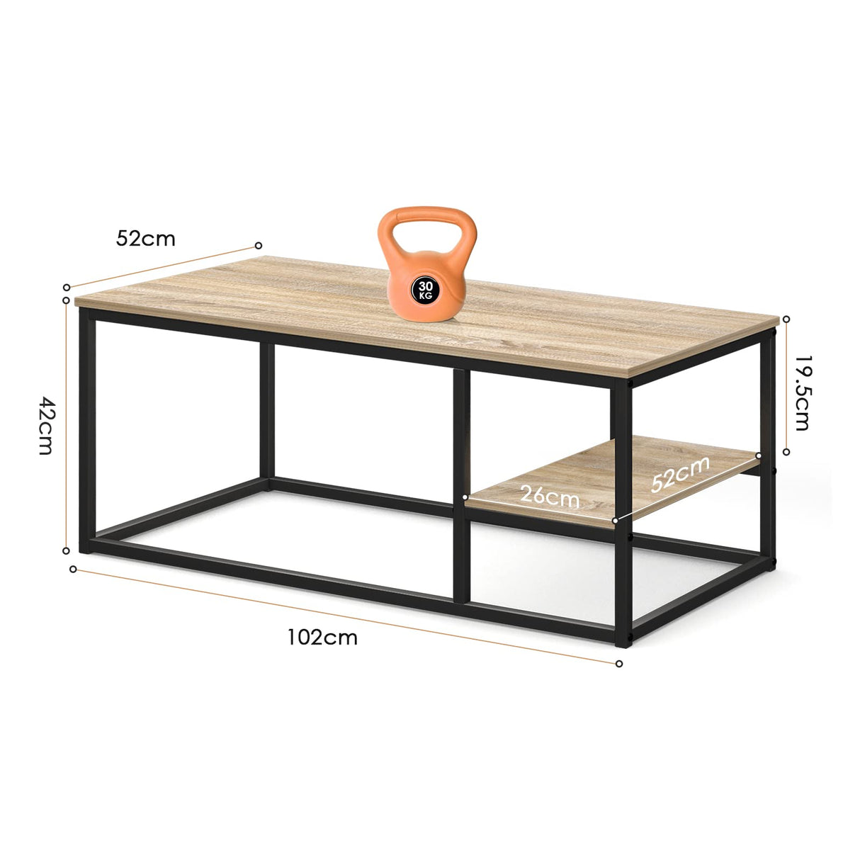 Coffee Table, Living Room Table, Coffee Table with Steel Frame and Shelves