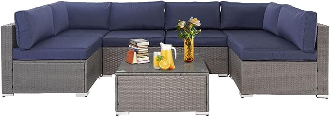7-Piece Outdoor Patio Sofa, All Weather Black Brown Wicker Sectional Furniture