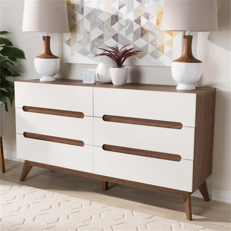 Calypso Mid-Century Modern White and Walnut Wood 6-Drawer Storage Dresser/Mid-Century/Particle