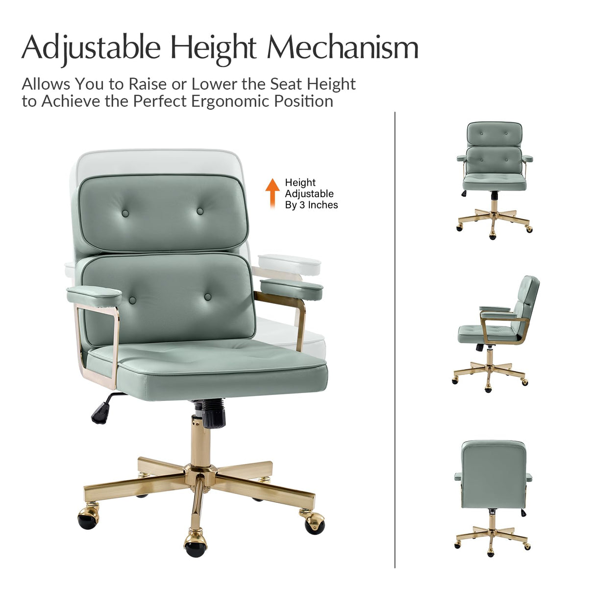 Faux Leather Office Chair with Tufted Backrest - Sage Green