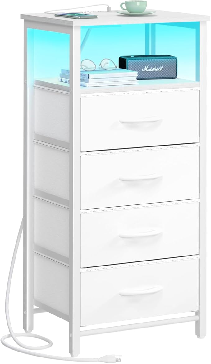 Yoobure Night Stand - LED Nightstand with Charging Station, Bedside Table with 4 Fabric Storage Drawers and Storage Shelf, End Table with USB Ports and Outlets, Tall Dresser for Bedroom