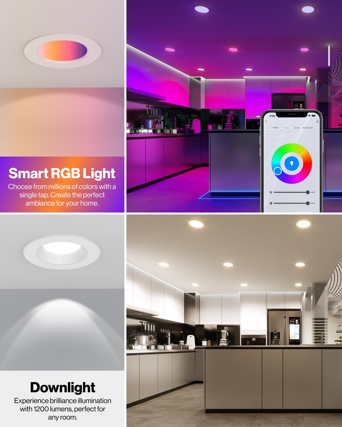 Smart LED Recessed Lights 6 Inch RGBW Color Changing - 4 Pack