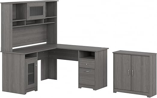 Cabot L Shaped Desk with Hutch and Small Storage Cabinet with Doors