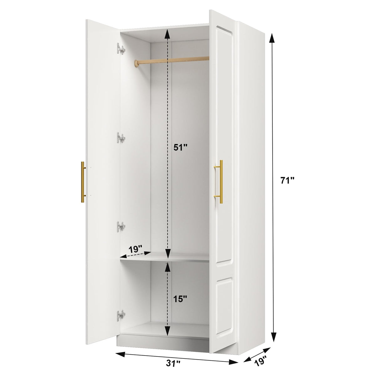 Modern Wardrobe, White Floor Storage Cabinet with Hangers, Spacious and Versatile