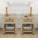 Rattan Nightstand Set of 2, Farmhouse Night Stands with Charging Station Bedside Table