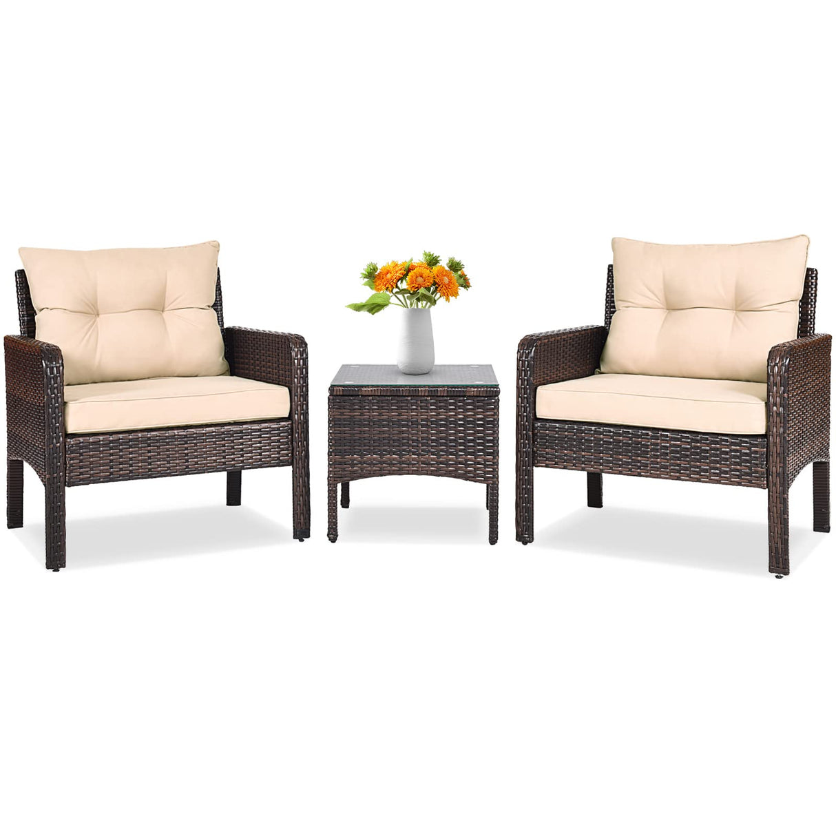 3 Piece Outdoor Patio Furniture Set for 2, Wicker Chairs with Glass Top Coffee Table