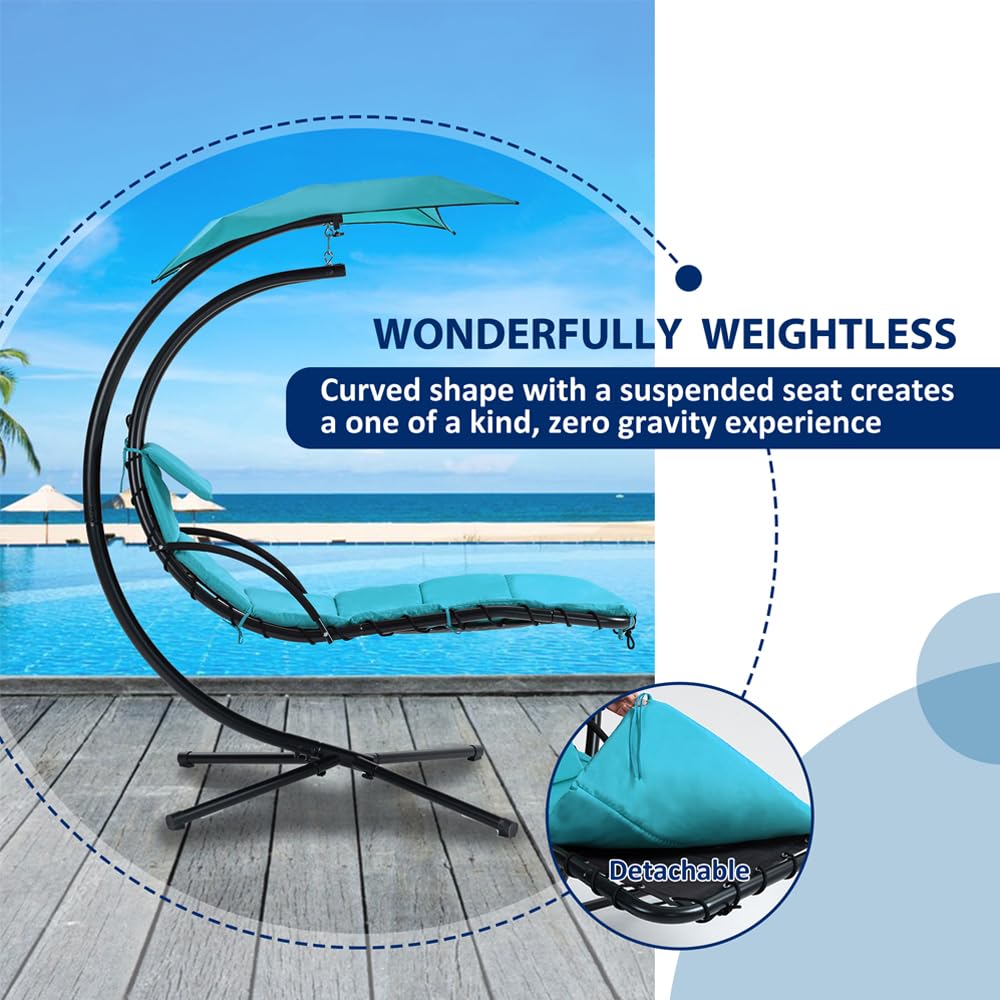 Outdoor Hanging Curved Steel Chaise Lounge Chair Swing w/Built-in Pillow and Removable Canopy, Hanging Curved Chaise Lounge Chair Swing for Patio Porch Poolside, Hammock Chair with Stand (Blue)