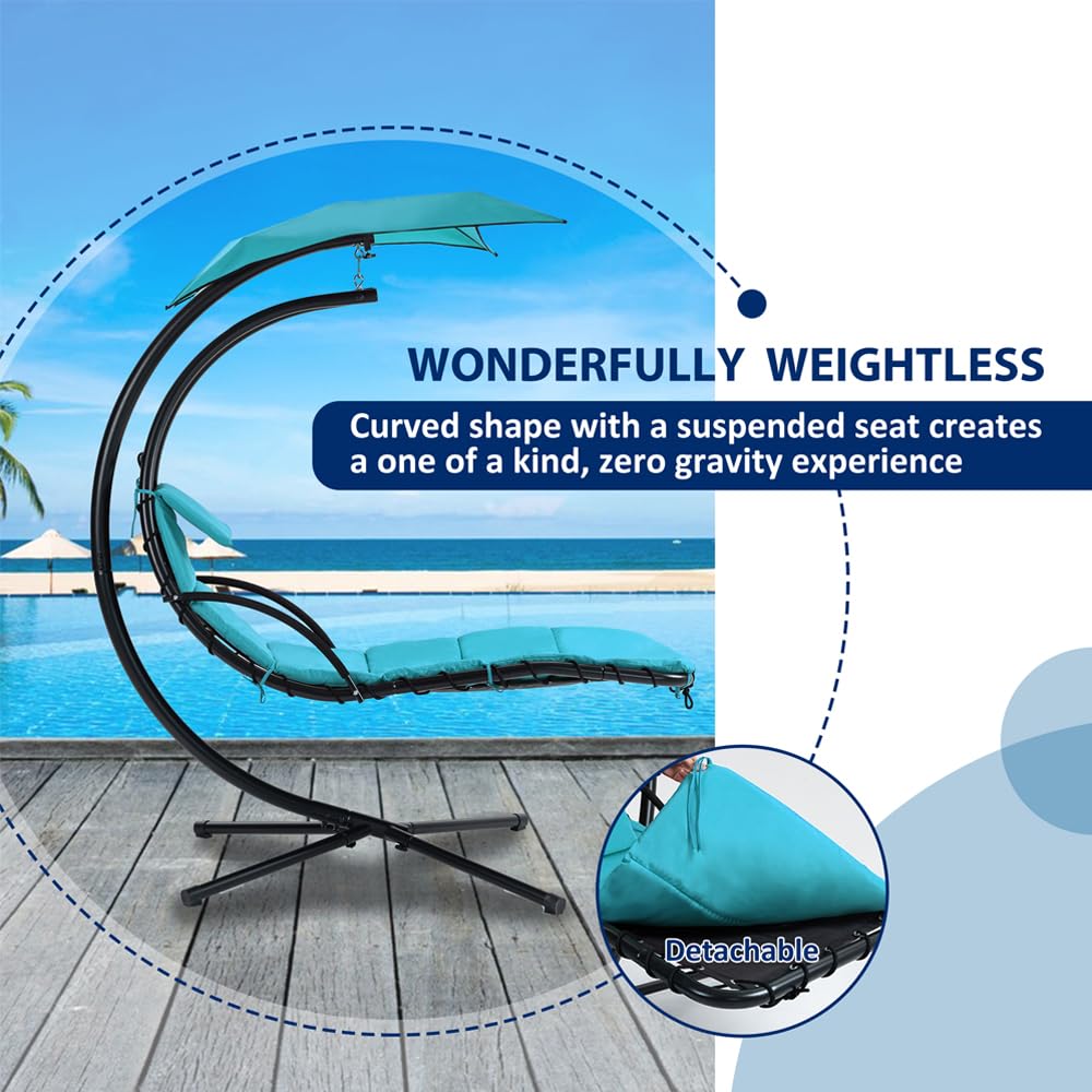 Outdoor Hanging Curved Steel Chaise Lounge Chair Swing w/Built-in Pillow and Removable Canopy, Hanging Curved Chaise Lounge Chair Swing for Patio Porch Poolside, Hammock Chair with Stand (Blue)