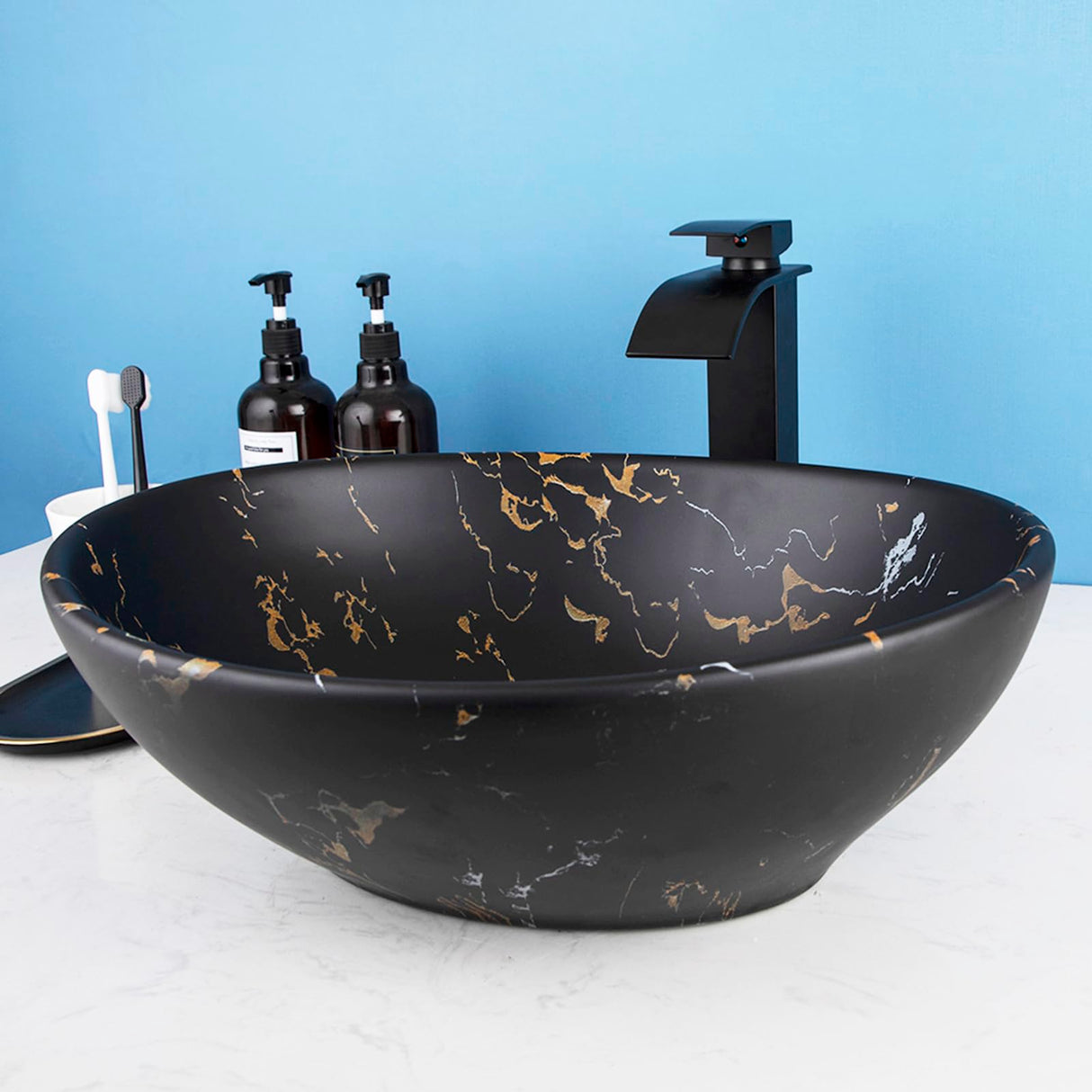 Bathroom Vessel Sink,Oval Ceramic Vessel Sink with Faucet and Pop-Up Drain Combo