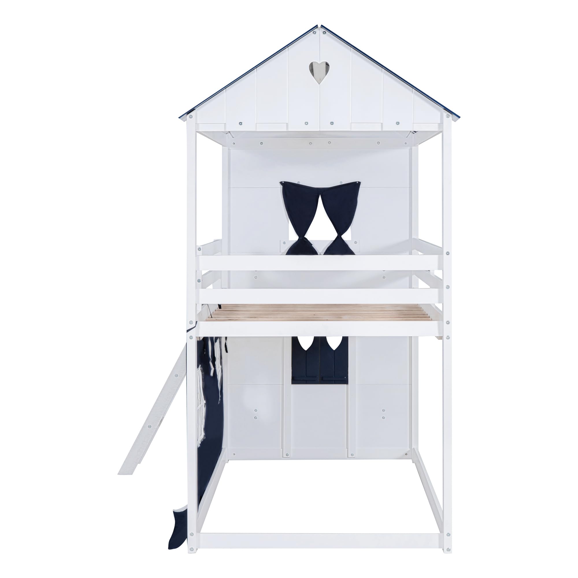 Twin Bunk Wood House Bed with Elegant Windows, Sills and Tent, Blue+White
