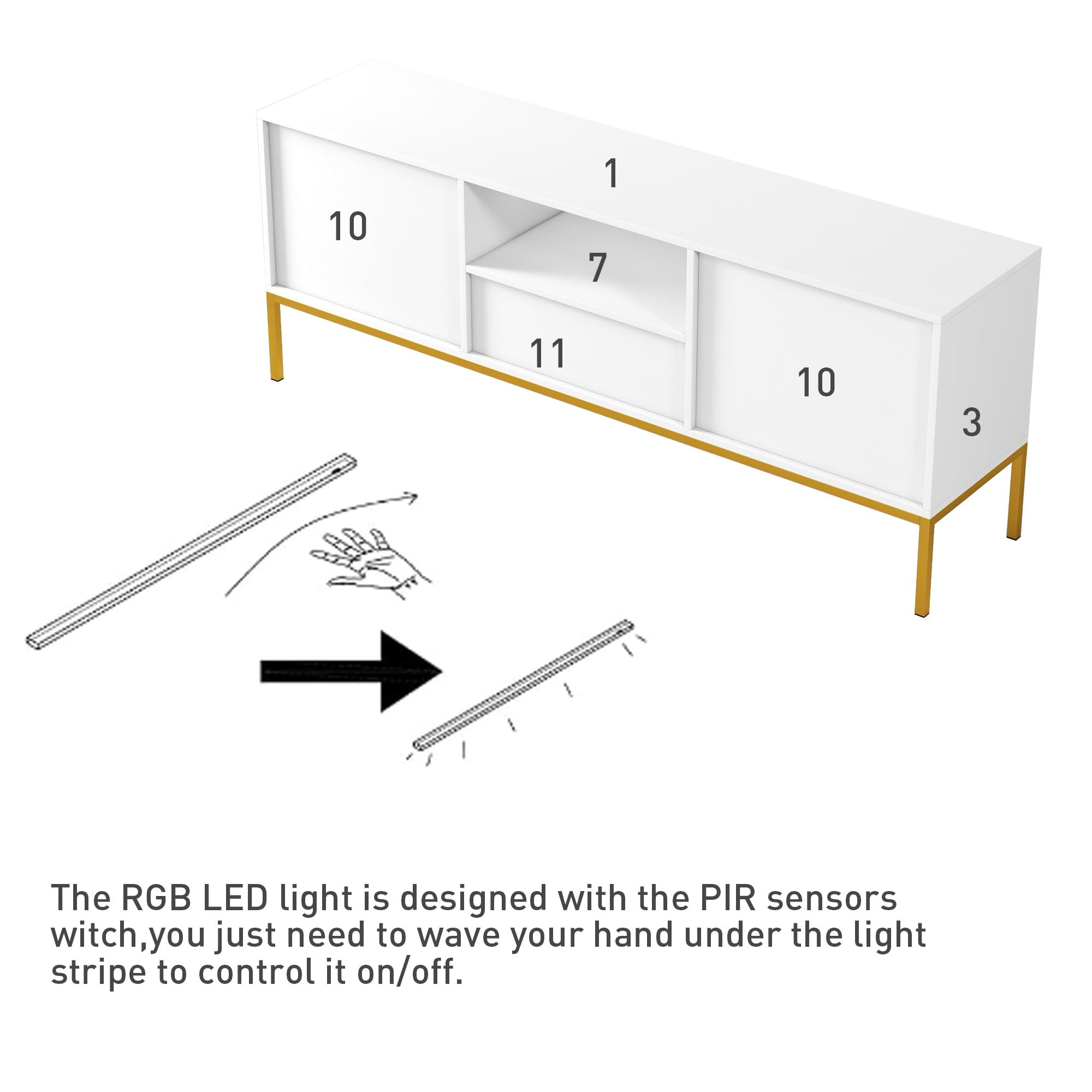60" White TV Stand with PIR Sensor Light, Modern Media Console for 55/60/65 inch TV, Entertainment Center