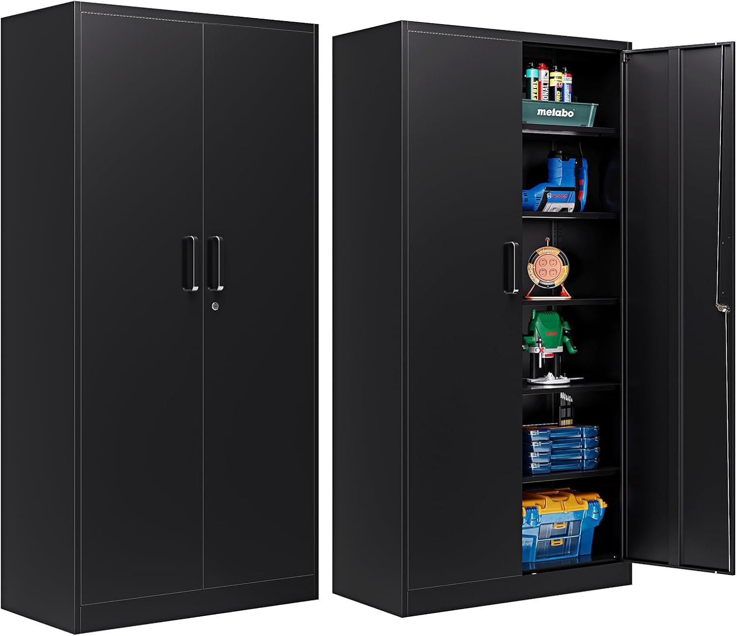 AFAIF Metal Garage Storage Cabinet,71" h Tall Garage Cabinet with 2 Doors and 5 Adjustable Shelves, Steel Utility Tool Cabinet Black Locking Cabinets, Lockable File Cabinet Garage Storage Locker