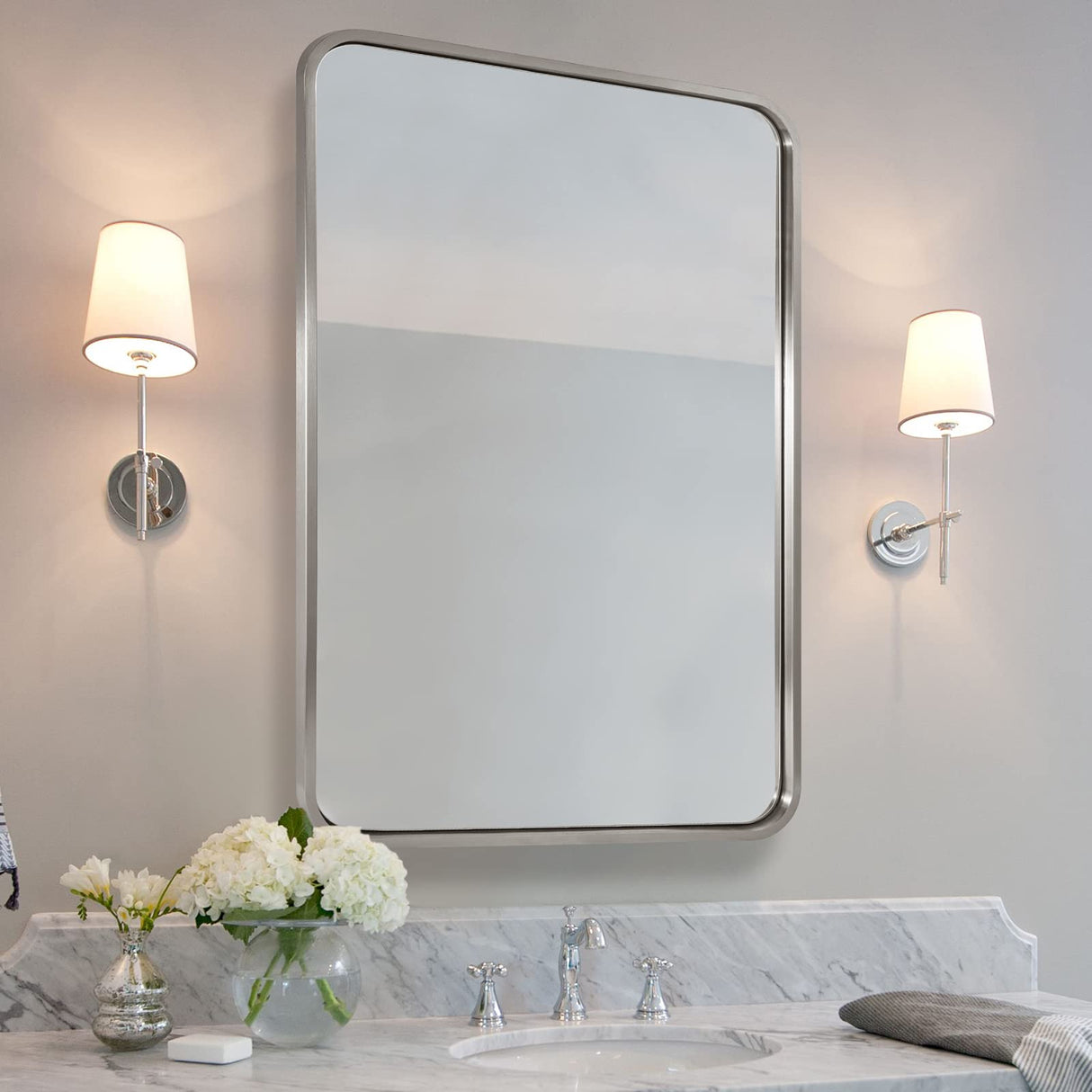 ANDY STAR Brushed Nickel Bathroom Mirror, 24x36’’ Rounded Rectangle Mirror Modern Silver Vanity Mirror SUS304 Metal Tube Frame(Rustproof) 1’’ Deep Wall Mounted Vertically/Horizontally