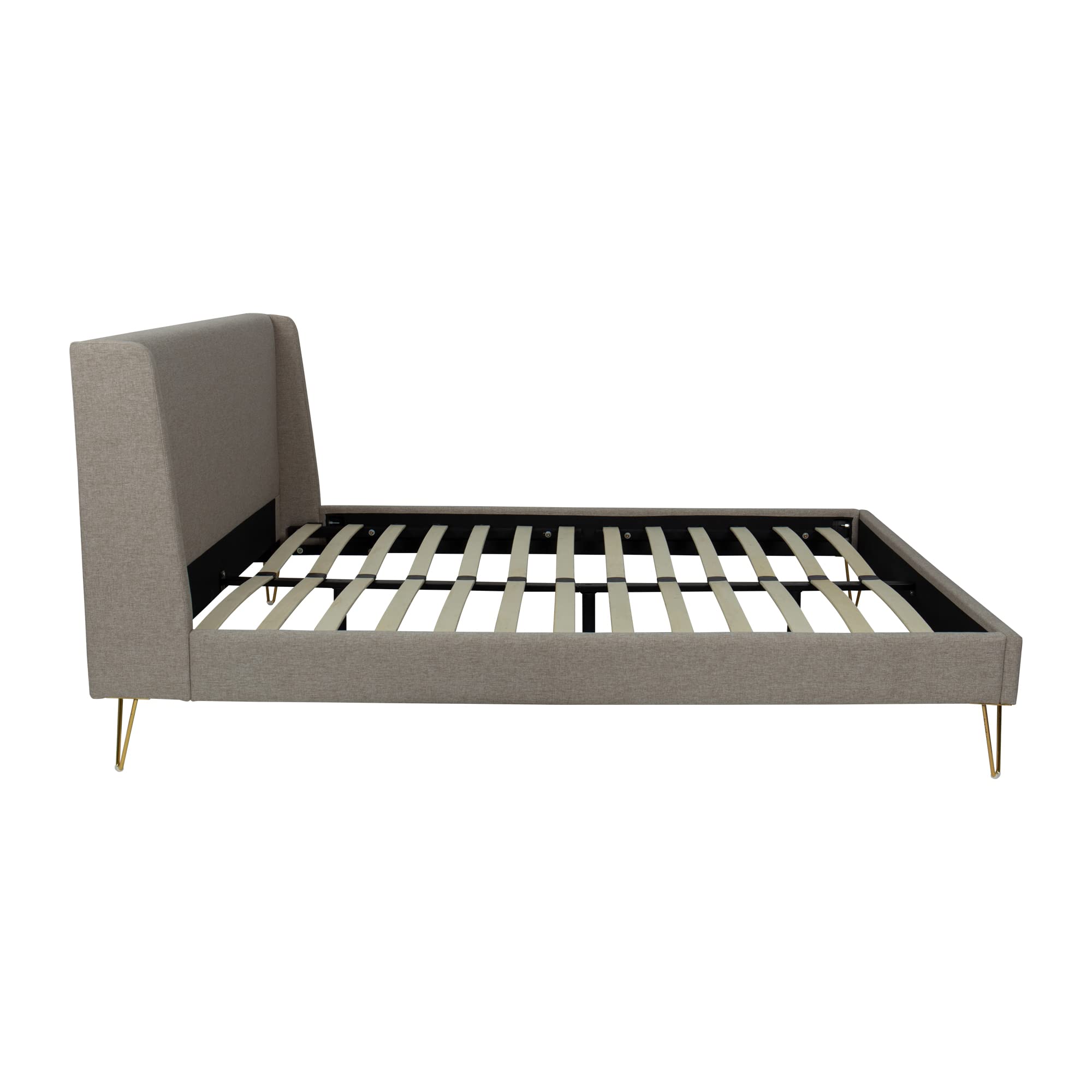 Upholstered Bed Frame with Unique Angled Brass Legs