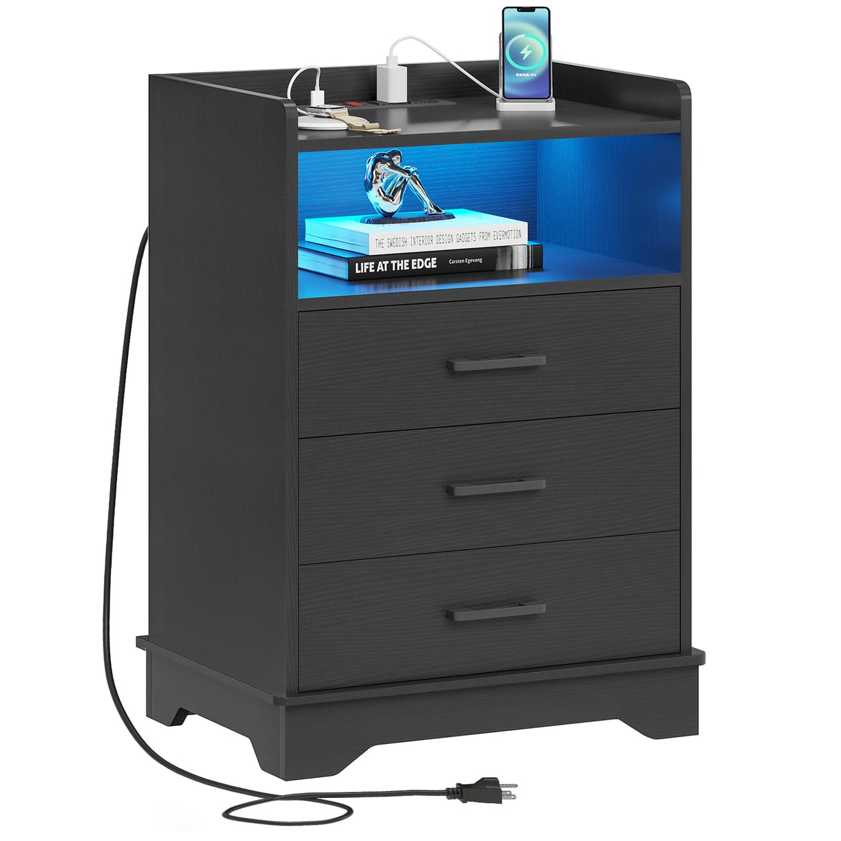 Nightstand with Charging Station and LED Lights, Modern End Table with 3 Drawers