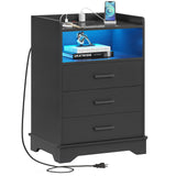 Nightstand with Charging Station and LED Lights, Modern End Table with 3 Drawers